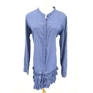 Sundance Size M Blue Button Down Tunic Shirt Ruffle Hem Long‎ Sleeve Striped